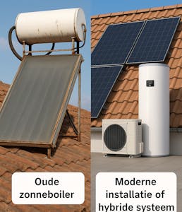 Een oude zonneboiler installatie naast een moderne installatie. zonneboiler B-merken